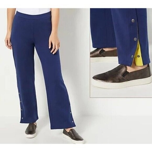 Susan Graver Weekend Regular Washed French Terry Track Pant Navy/Lime Large - Picture 1 of 1